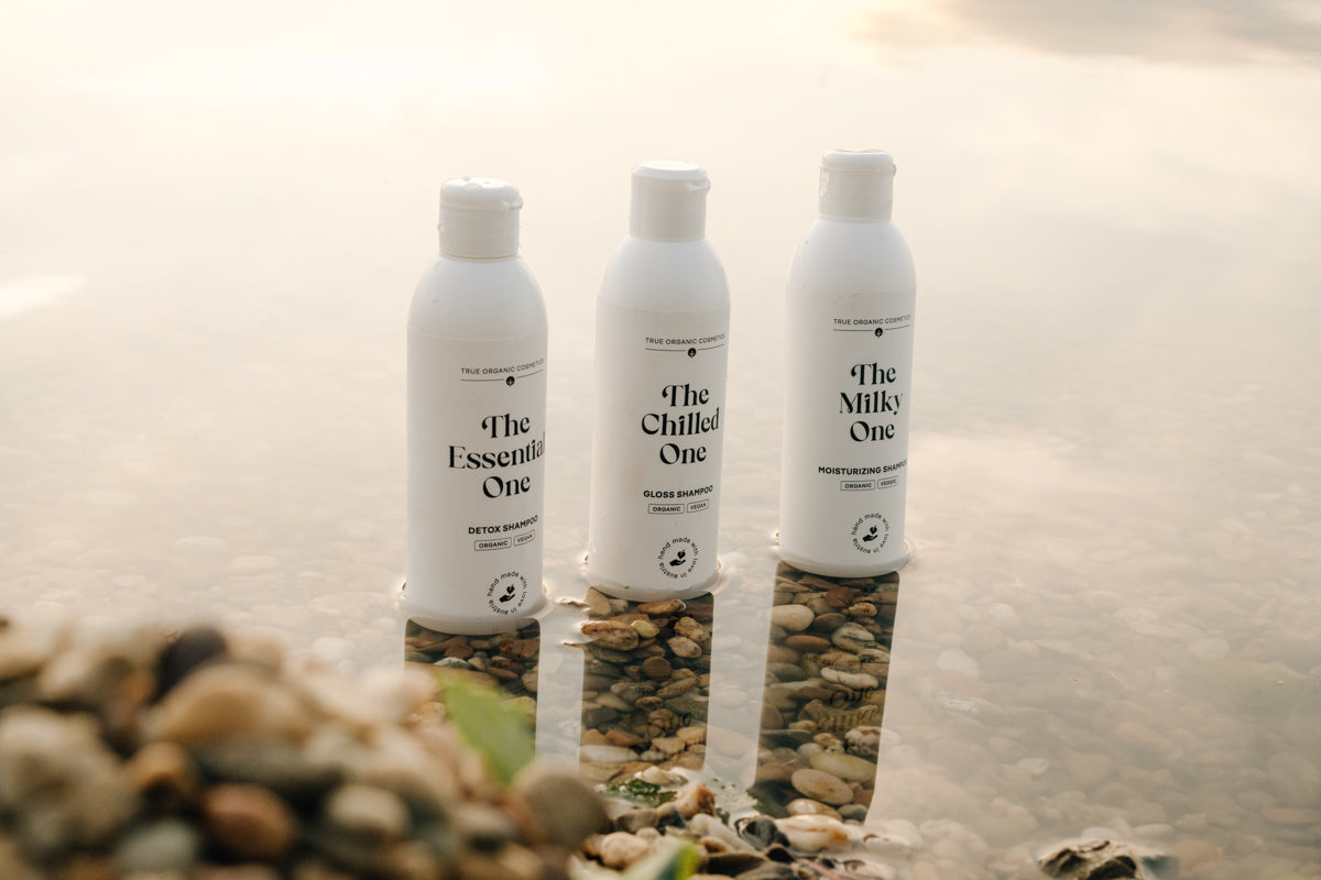 Group photo of The Essential One base shampoo, The Chilled One shine shampoo and The Milky One care shampoo from True Organic Cosmetics
