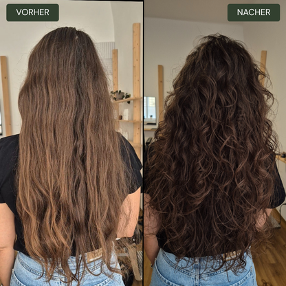 Before and after photo of the Curls for the Girls set from True Organic Cosmetics