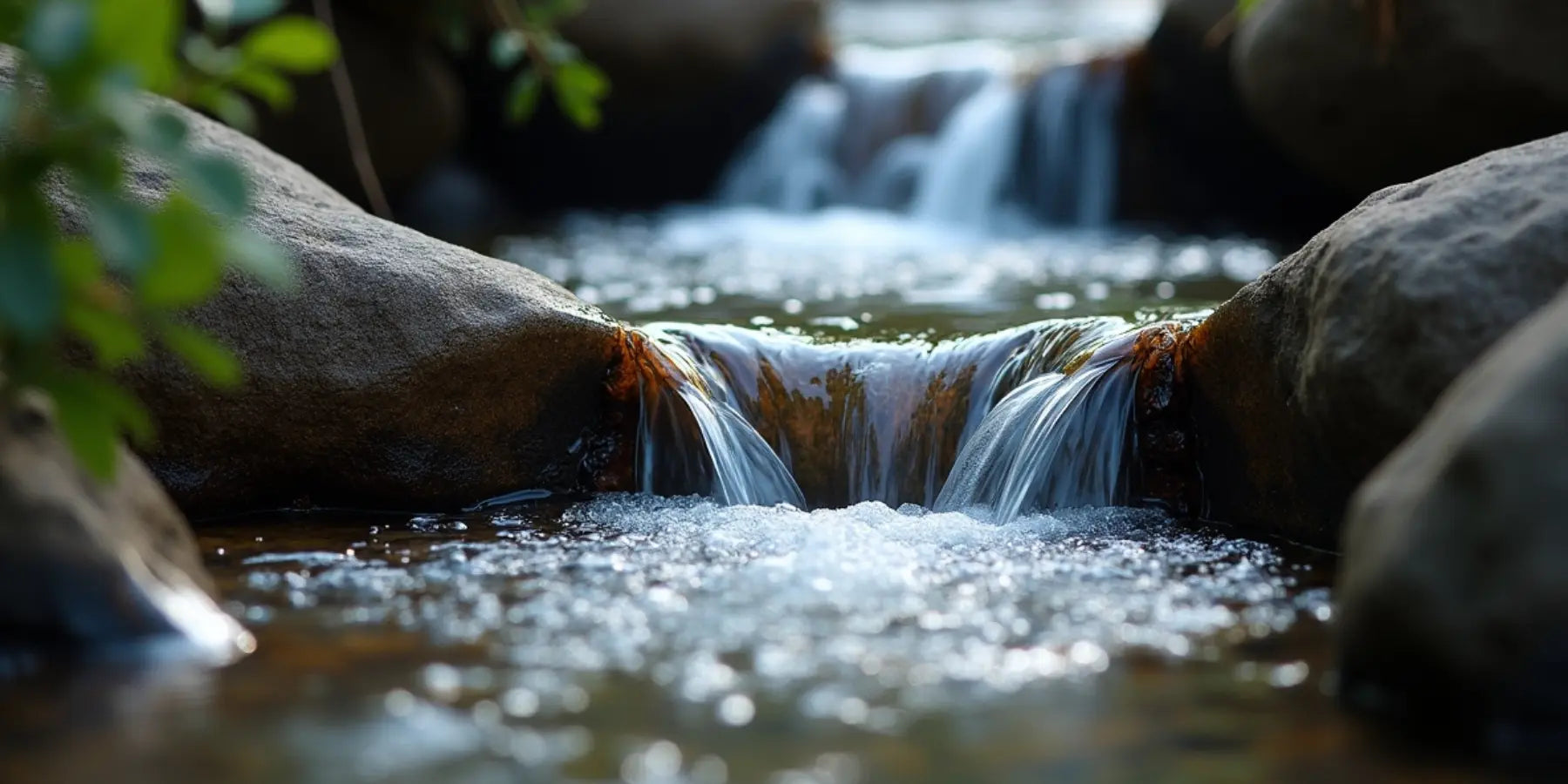 Ruhiger kleiner Fluss der durch Steine fließt